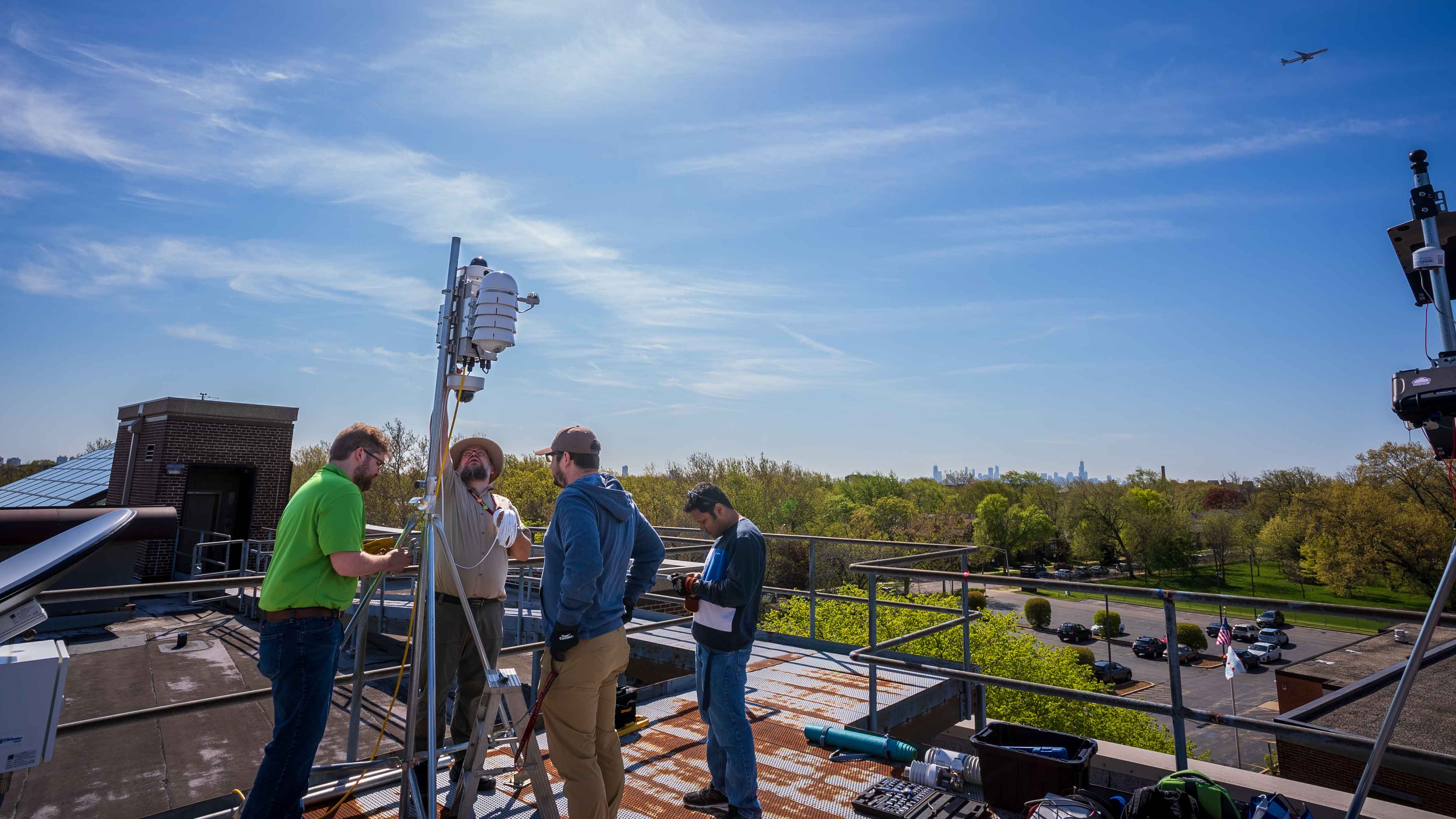 Argonne National Laboratory leads Community Research on Climate &amp; Urban Science (CROCUS), study how climate change is affecting Chicago’s neighborhoods. Over 20 sensor arrays, like this one installed at Northeastern Illinois University, help researchers provide more complete data on everything from rain fall to temperature to air pollution. . (Image credit: Argonne)