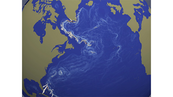 Ten year average of 1500-2500m ocean current velocity from an E3SM high resolution ocean - sea ice simulation. Current speed is contoured and velocity vectors are shown in white.  (Image credit: Luke van Roekel, Los Alamos National Laboratory) 