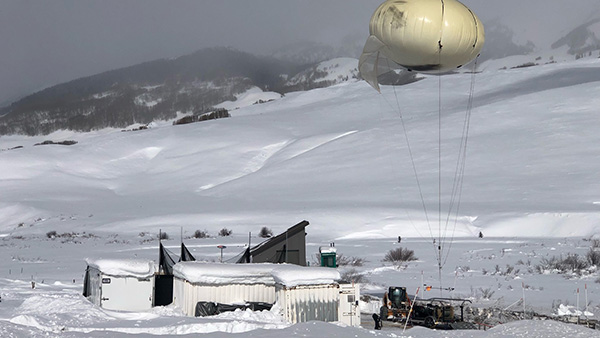 Tethered Balloon Sonde (TBS) with aerosol instrumentation for vertical profiling deployed in January 2023 at SAIL. (Image credit: Sandia National Laboratory)
